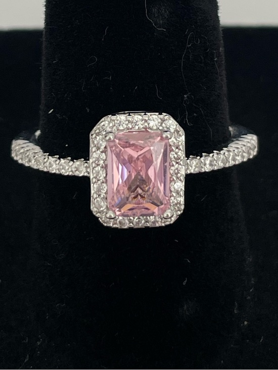 Jewelry - 18k WG Pink Halo Emerald-Cut Ring with Pavé Band size 7